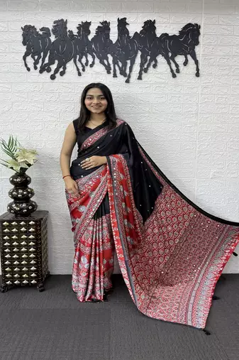 Black Color Heavy Mirror Work  Satin Silk  Saree
