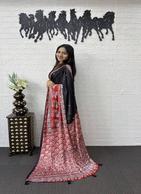 Black Color Heavy Mirror Work  Satin Silk  Saree 3