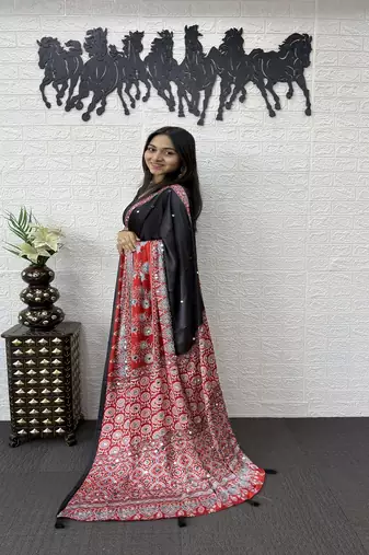 Black Color Heavy Mirror Work  Satin Silk  Saree