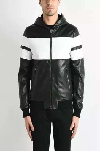 Men's black & white lambskin leather jacket  simple ribb cuffs motorcycle biker style