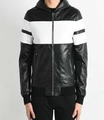 Men's black & white lambskin leather jacket  simple ribb cuffs motorcycle biker style