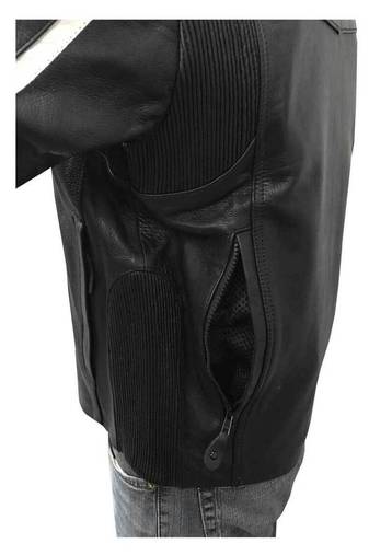 men'sblack & white striped goat skin leather motorcycle jacket, zip café racer style