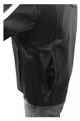 men'sblack & white striped goat skin leather motorcycle jacket, zip café racer style