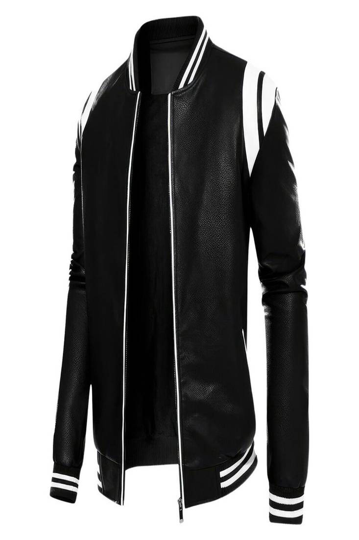 men's black  lightweight lambskin leather jacket-base ball collar style