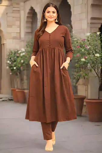 Women's Long Flared V-Neck with Button Details Anarkali shape Empire Waist,Kurta Pant Set