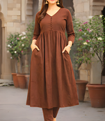 Women's Long Flared V-Neck with Button Details Anarkali shape Empire Waist,Kurta Pant Set