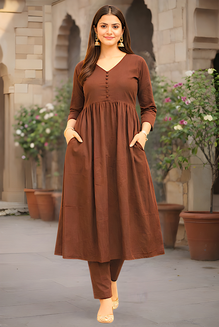 Women's Long Flared V-Neck with Button Details Anarkali shape Empire Waist,Kurta Pant Set