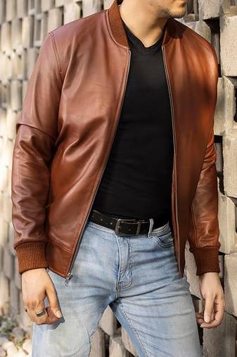 men's brown lightweight lambskin leather jacket-ribbed cuff style