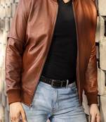 men's brown lightweight lambskin leather jacket-ribbed cuff style