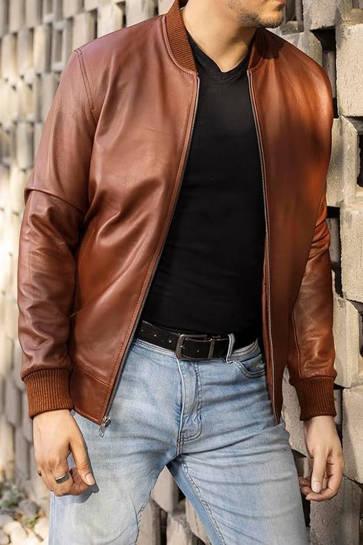 men's brown lightweight lambskin leather jacket-ribbed cuff style