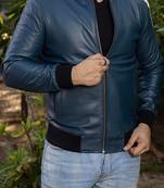 men's blue lightweight genuine lambskin leather jacket-ribbed cuff style