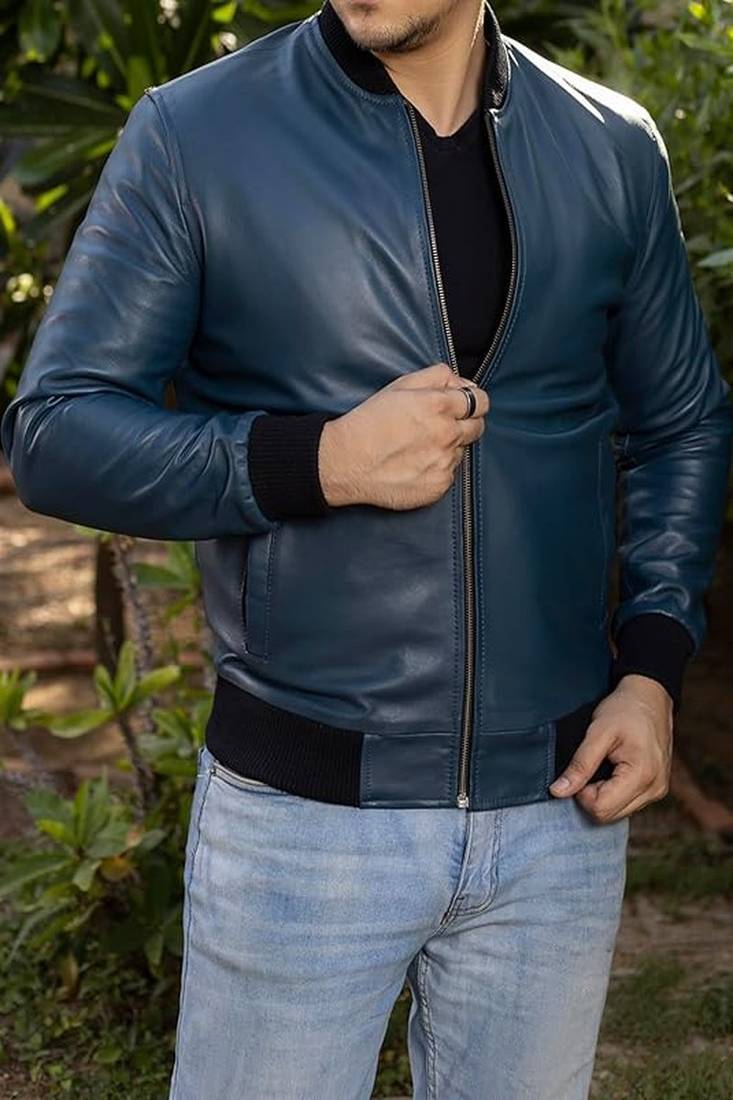 men's blue lightweight genuine lambskin leather jacket-ribbed cuff style