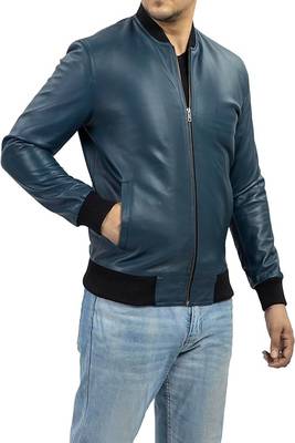 men's blue lambskin leather jacket classic zip up style 3