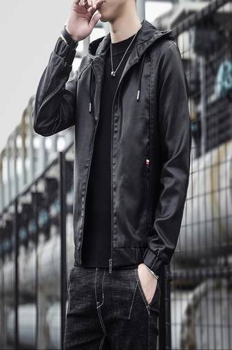 men's black hooddie genuine lambskin leather jacket bomber biker style