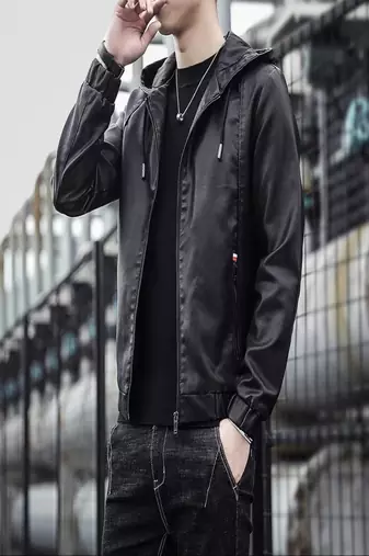 men's black hooddie genuine lambskin leather jacket bomber biker style