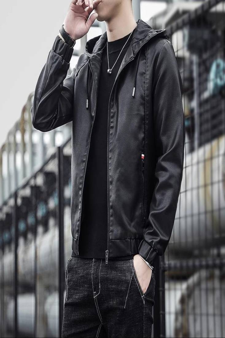 men's black hooddie genuine lambskin leather jacket bomber biker style