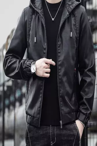men's black lambskin leather bomber jacket ribbed cuffs and waist modern