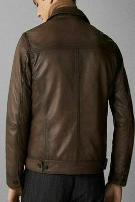 men's coffee brown lambskin leather biker jacket adjustable belted waist 3