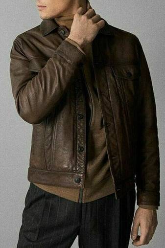men's coffee brown genuine lambskin leather jacket waist belt biker style