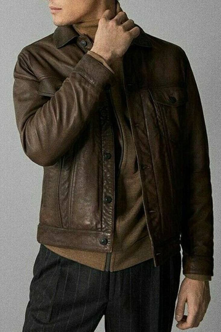 men's coffee brown genuine lambskin leather jacket waist belt biker style