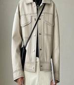 men's off white lambskin leather trucker jacket rugged trucker style