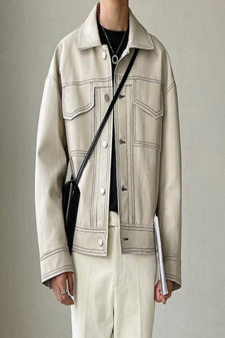 korean streetwear off white genuine lambskin leather jacket trucker-style jacket