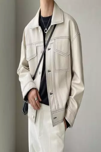 men's off white lambskin leather trucker jacket rugged trucker style
