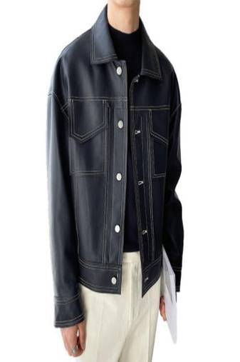 korean streetwear black genuine lambskin leather jacket trucker-style jacket