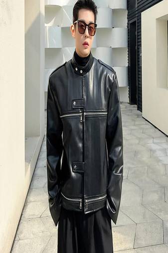 men's black genuine lambskin leather jacket biker zip & button café racer style