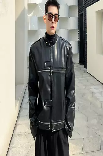 men's black genuine lambskin leather jacket biker zip & button café racer style
