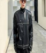 men's black genuine lambskin leather jacket biker zip & button café racer style