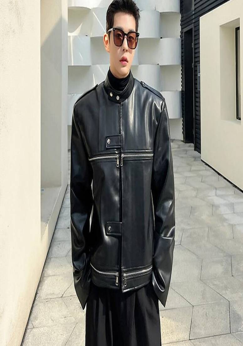 men's black genuine lambskin leather jacket biker zip & button café racer style