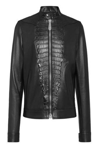 men's croc design black genuine lambskin leather jacket biker zip & café racer style