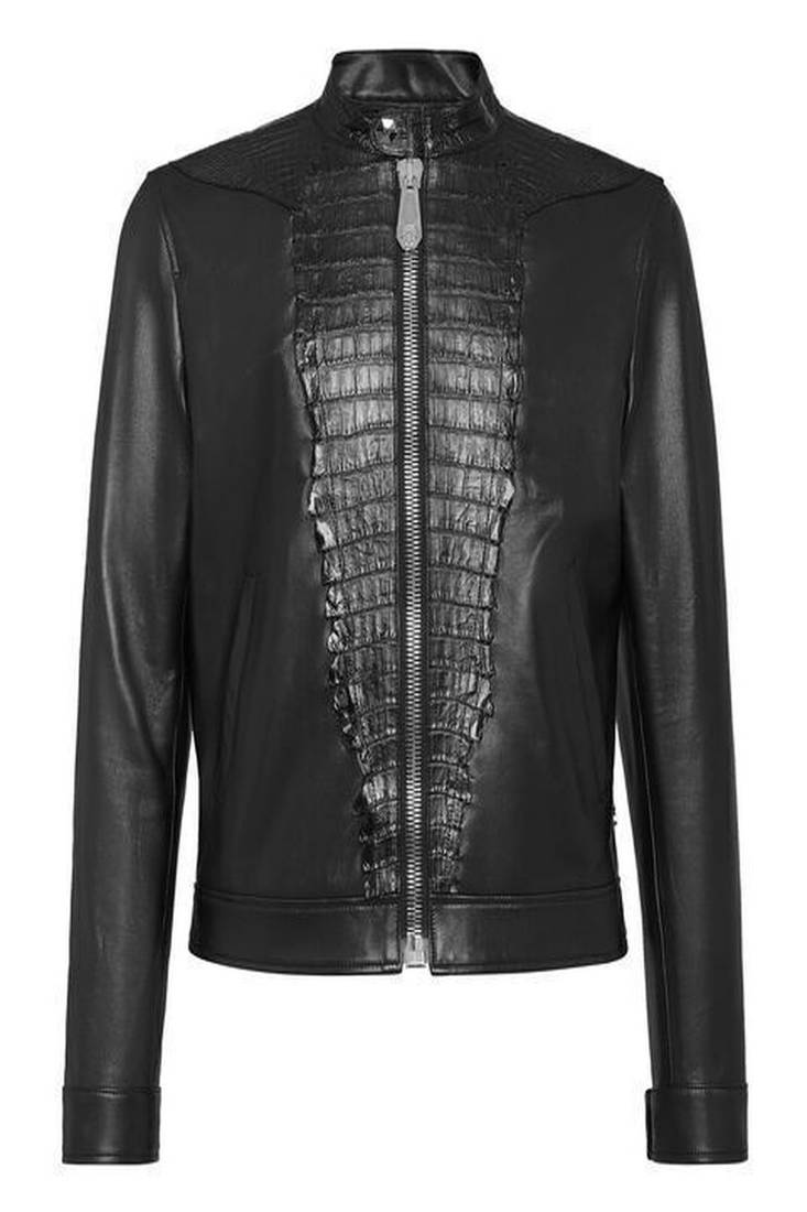 men's croc design black genuine lambskin leather jacket biker zip & café racer style