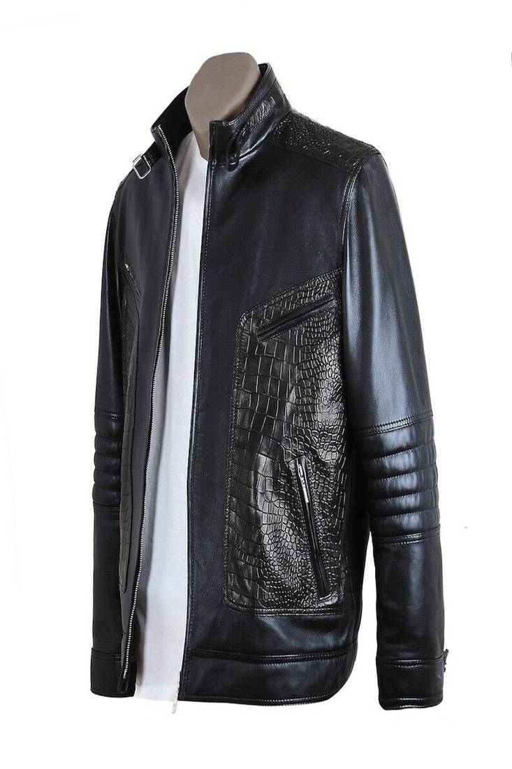 men's black genuine lambskin leather jacket crockdile pocket design biker cross zip look