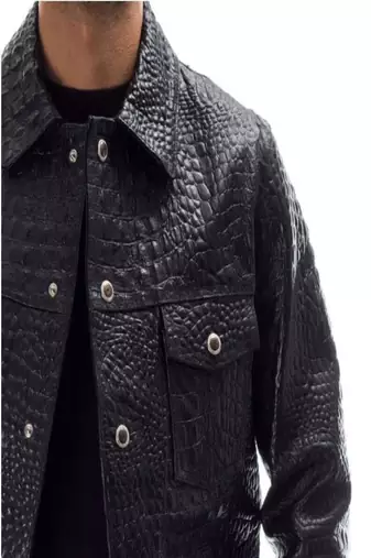 men's black genuine lambskin leather jacket crockdile design biker style