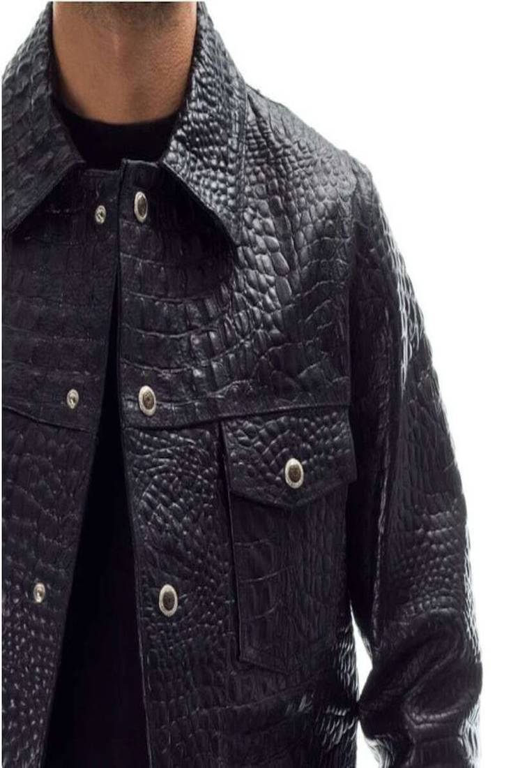 men's black genuine lambskin leather jacket crockdile design biker style