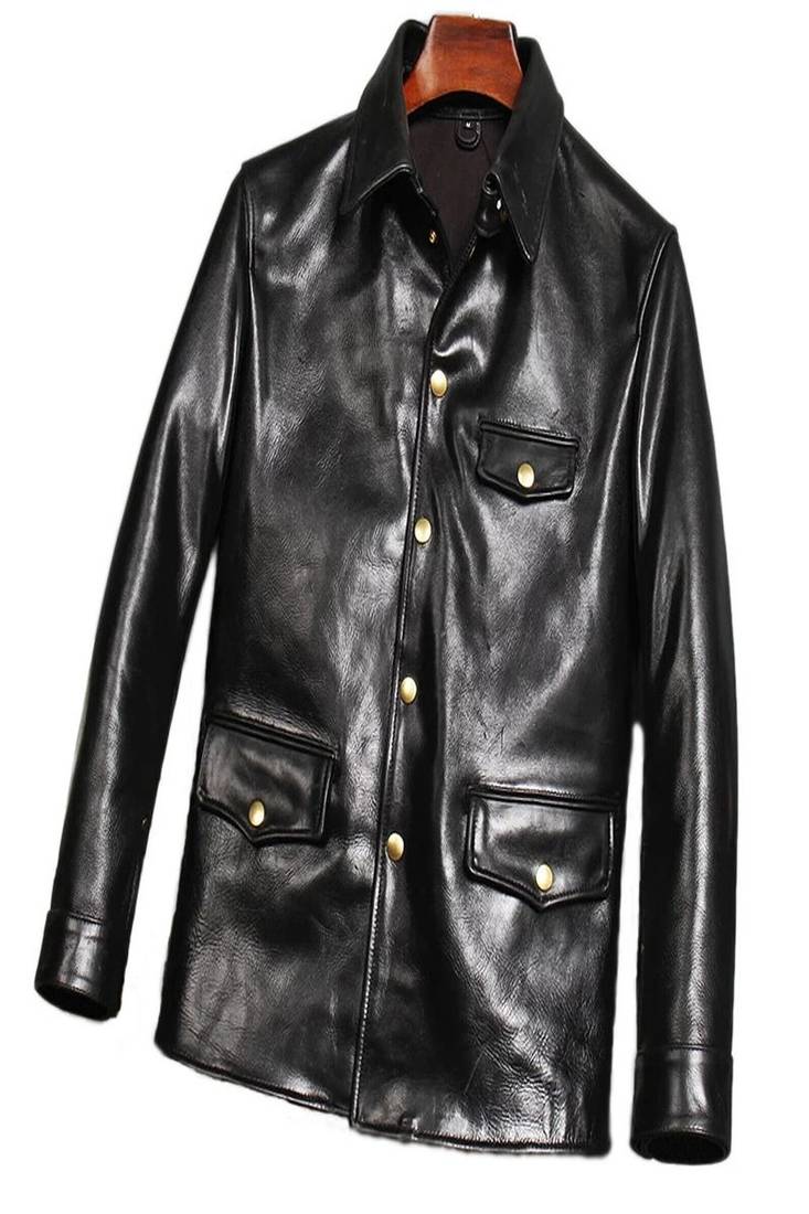 men's black genuine lambskin leather jacket button biker style