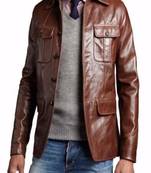 men's brown genuine lambskin leather jacket 4 pocket button biker style