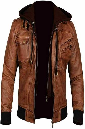 men's brown hoodie genuine lambskin leather jacket biker style