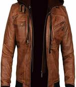 men's brown lambskin leather biker jacket hooded biker silhouette