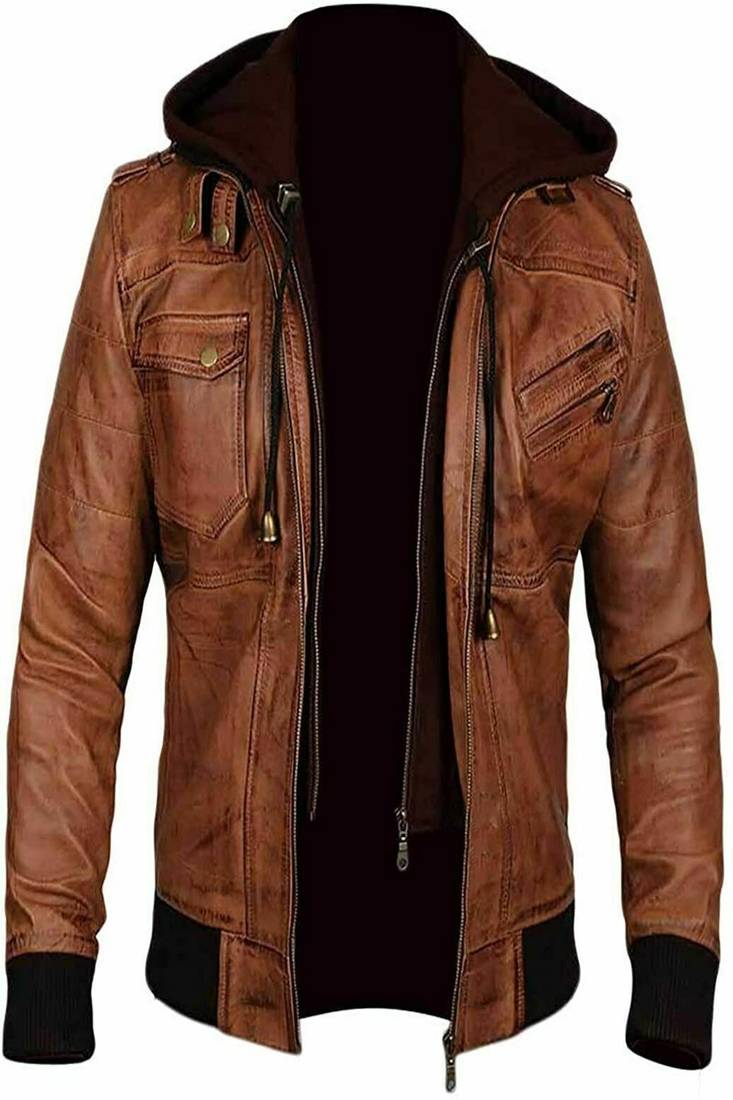 men's brown hoodie genuine lambskin leather jacket biker style