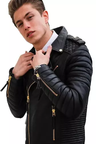 men's black genuine lambskin leather jacket zip quilted hand look biker style