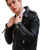 men's black genuine lambskin leather jacket zip quilted hand look biker style