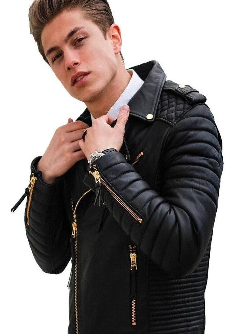 men's black genuine lambskin leather jacket zip quilted hand look biker style