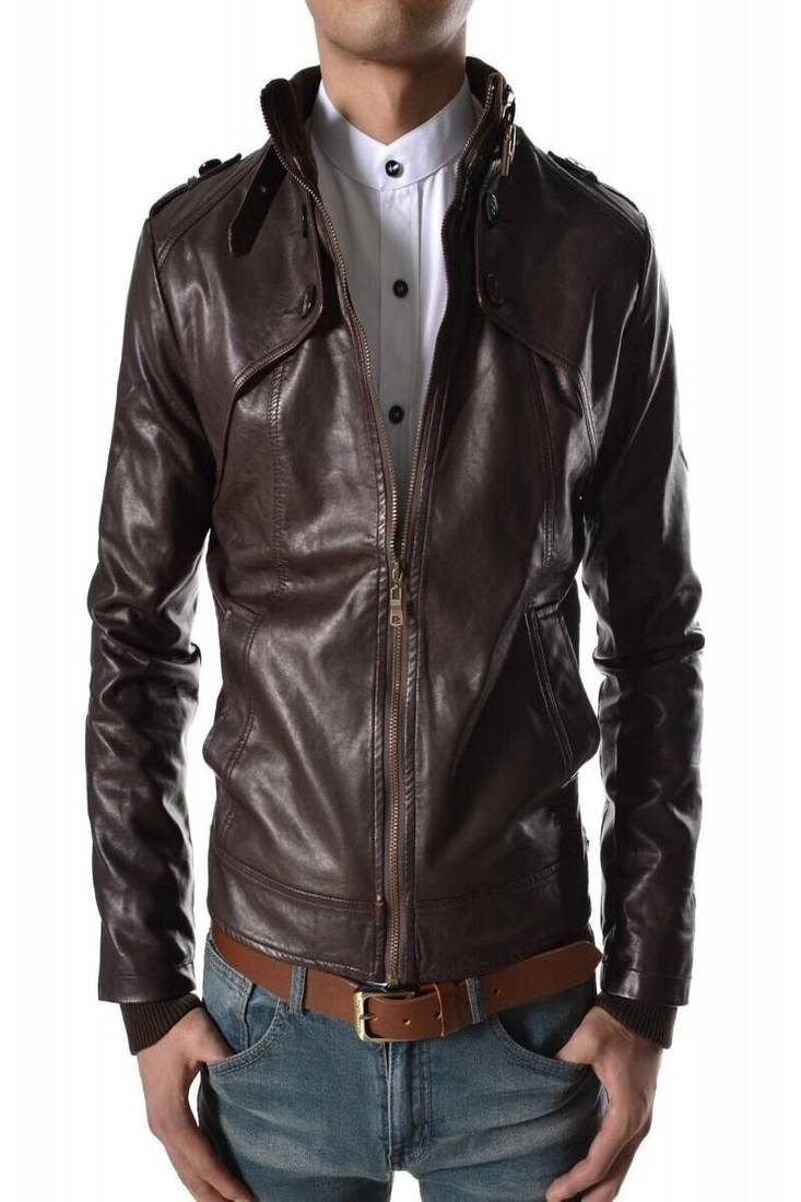 men's brown genuine lambskin leather jacket café racer biker style