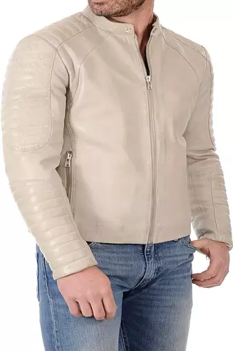 men's off white genuine lambskin leather jacket zip quilted hand look biker style