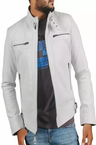 men's white genuine lambskin leather jacket zip quilted shoulder look biker style