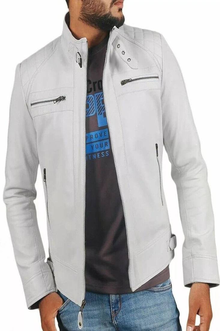 men's white genuine lambskin leather jacket zip quilted shoulder look biker style