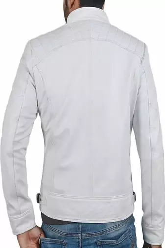 men's white genuine lambskin leather jacket zip quilted shoulder look biker style